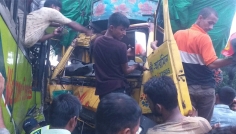নগরকান্দায় বাস-ট্রাক মুখোমুখি সংঘর্ষে গুরুতর আহত ট্রাকচালক